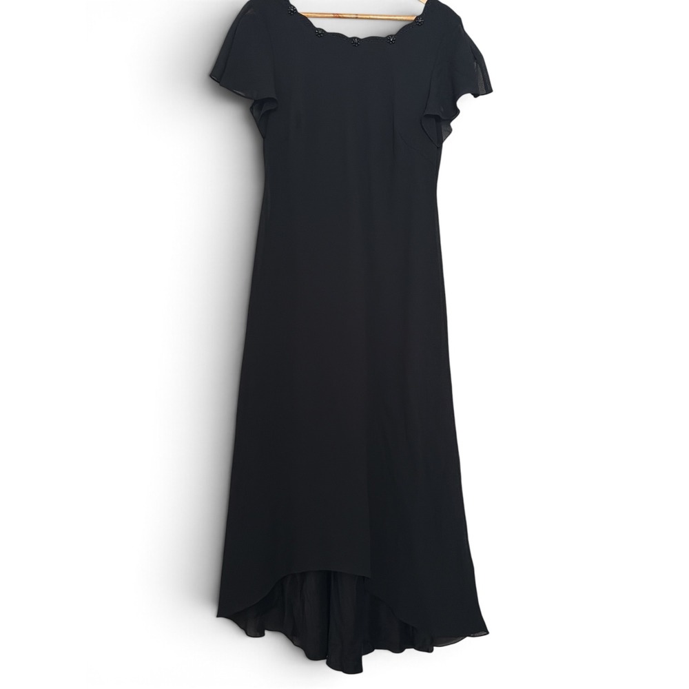 Adrianna Papell Black Beaded Scalloped Neckline Flutter Sleeve High-Low Maxi